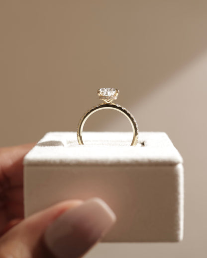 Keira - Pear Claw Solitaire with Wrap Around Hidden Halo and Pave Band Engagement Ring - Yellow Gold