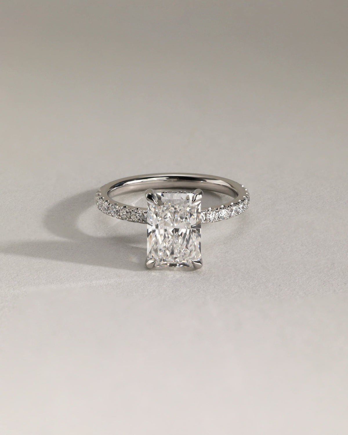 Thea - Radiant Claw Solitaire with Hidden Halo and Pave Band Engagement Ring - White Gold