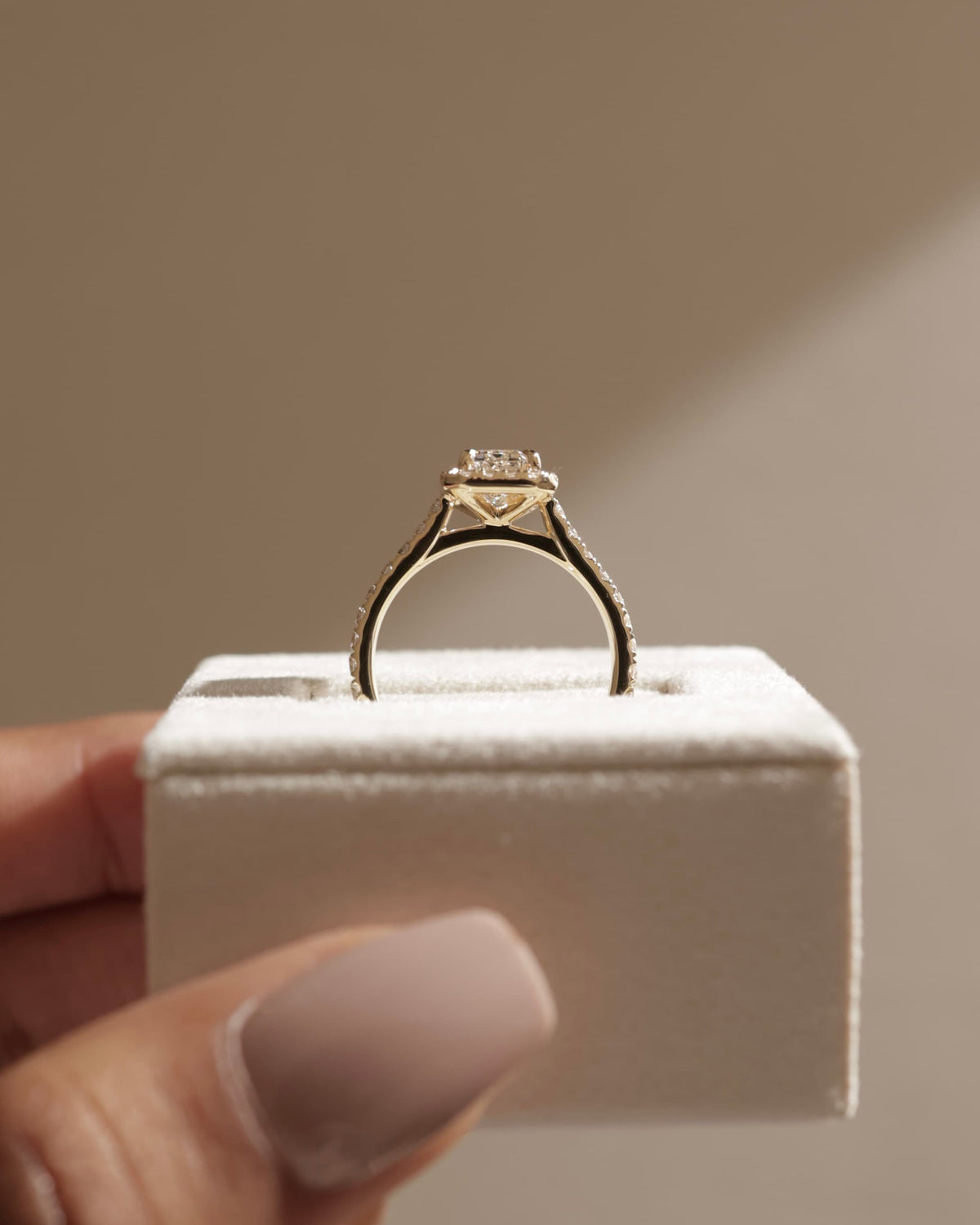 Vanessa - Emerald Claw Solitaire with Halo and Pave Band and Cathedral High Setting Engagement Ring - Yellow Two-Tone