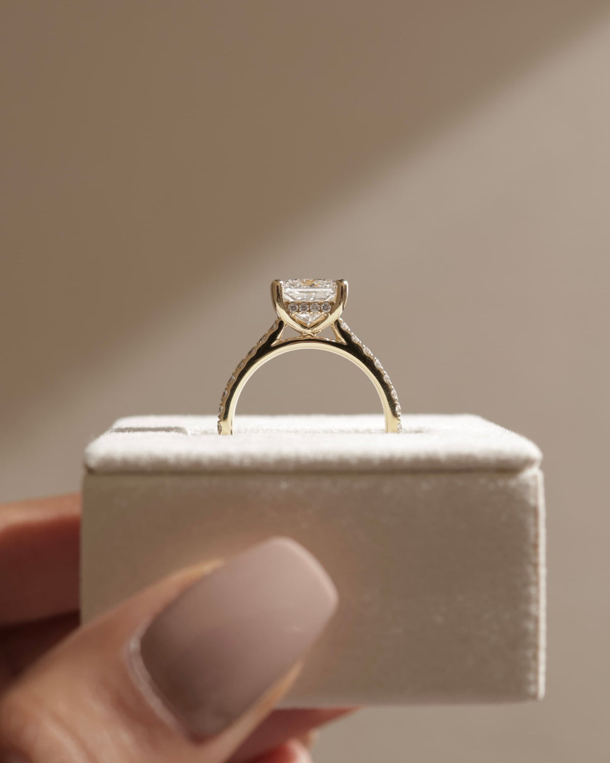 Zendaya - Princess Claw Solitaire with Hidden Halo, Pave Band and Cathedral High Setting Engagement Ring - Rose Gold