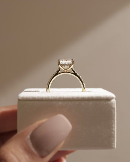 Zendaya - Princess Claw Solitaire with Hidden Halo, Pave Band and Cathedral High Setting Engagement Ring - Rose Gold