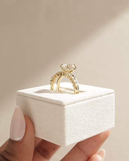 Athena - Oval Claw Solitaire with Double Plain-and-Round-Accent Stones Band Engagement Ring - Yellow Two-Tone