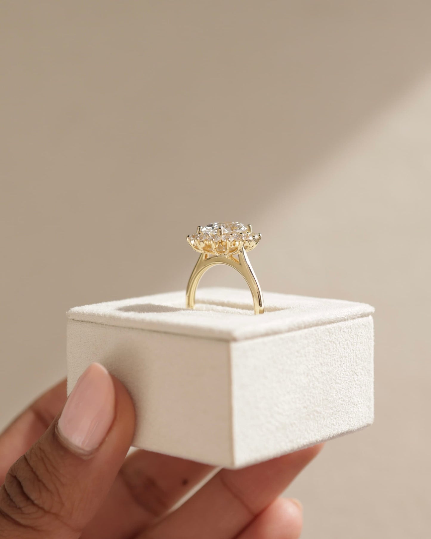 Arielle - Oval Claw Solitaire with Sunburst Halo and Cathedral High Setting Engagement Ring - Yellow Two-Tone - yellow two-tone - Lara Jewels