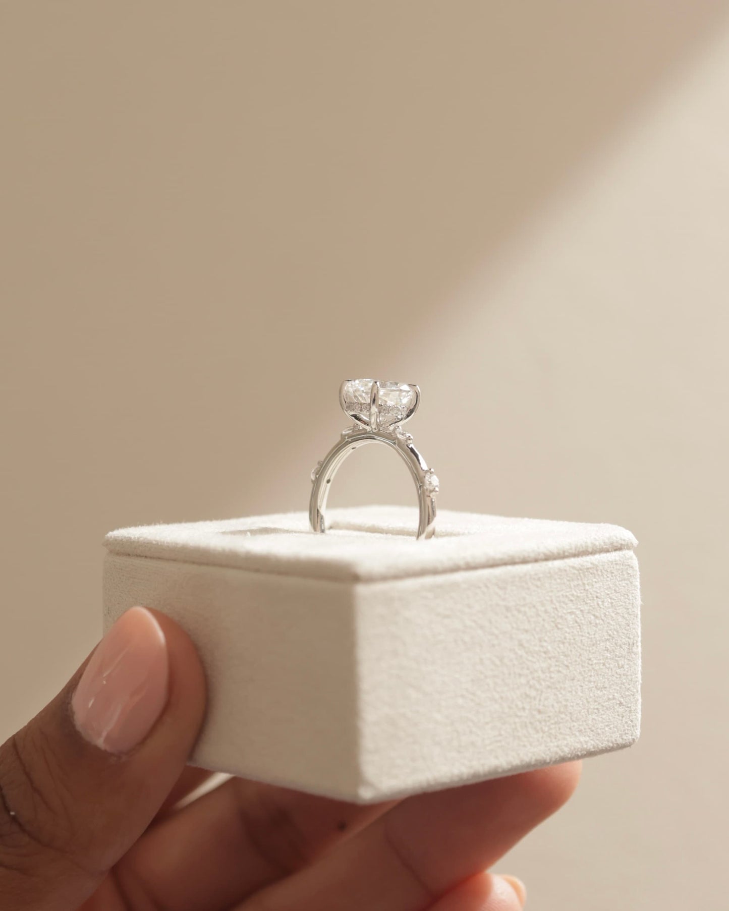 Elise - Oval Claw Solitaire with 6 Spaced Round Accent Stones and Hidden Halo Engagement Ring - Yellow Two-Tone