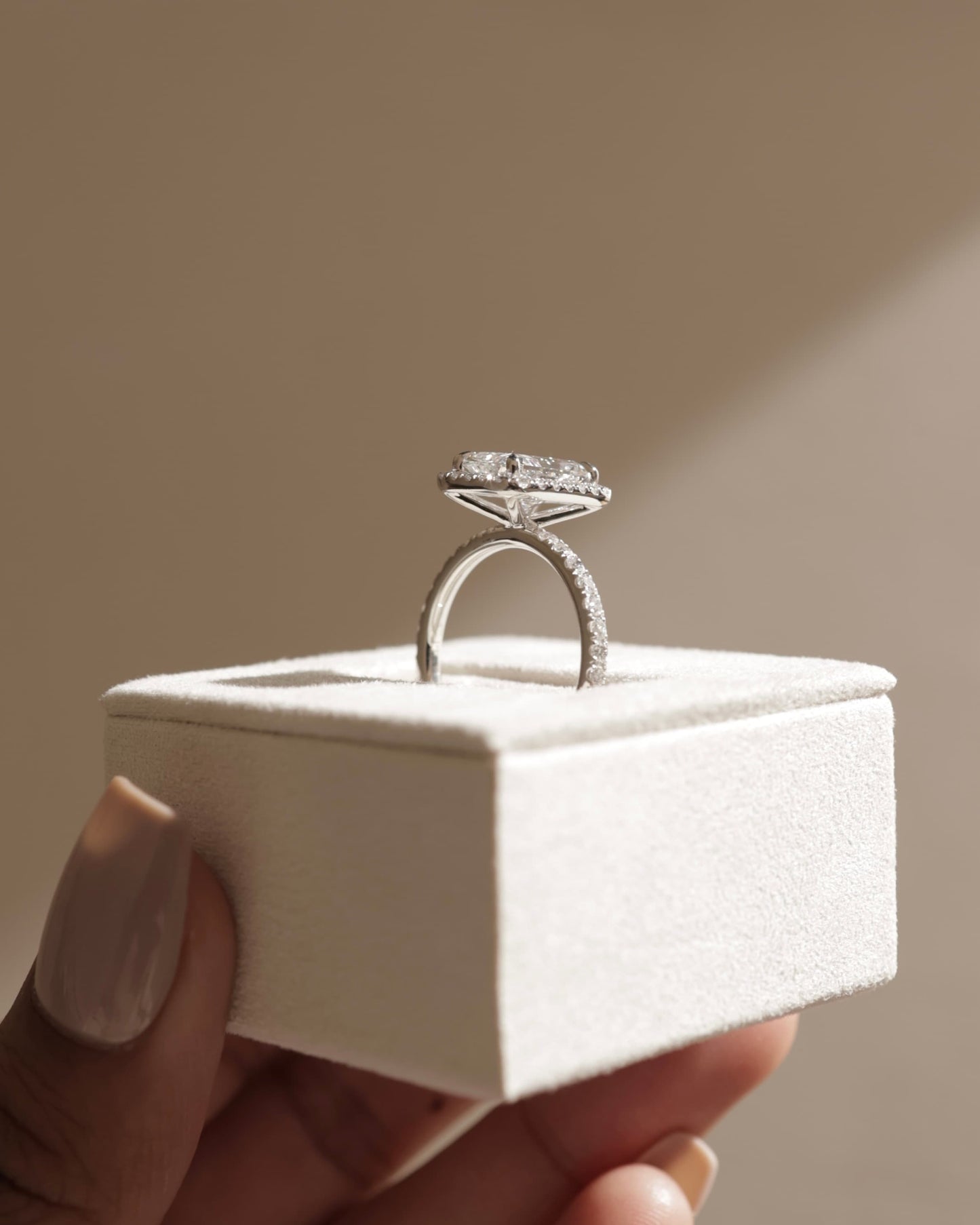Catherine - Radiant Claw Solitaire with Halo and Pave Band Engagement Ring - Yellow Gold