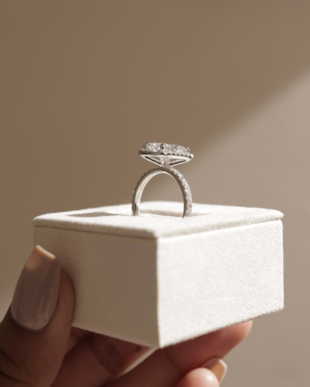 Catherine - Radiant Claw Solitaire with Halo and Pave Band Engagement Ring - Rose Two-Tone