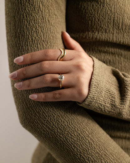 Daniela - Round Claw Solitaire with Solid Cathedral High Setting Engagement Ring - Yellow Gold