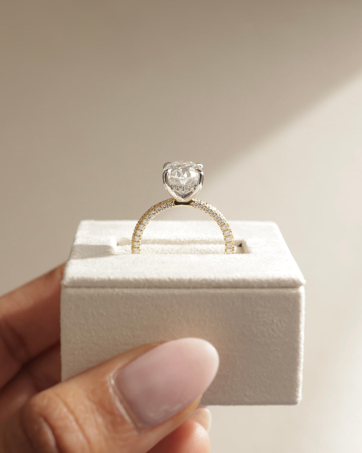 Penelope - Oval Claw Solitaire with Hidden Halo and Triple Pave Band Engagement Ring - Yellow Two-Tone