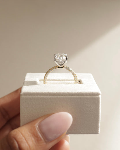 Penelope - Oval Claw Solitaire with Hidden Halo and Triple Pave Band Engagement Ring - Rose Gold