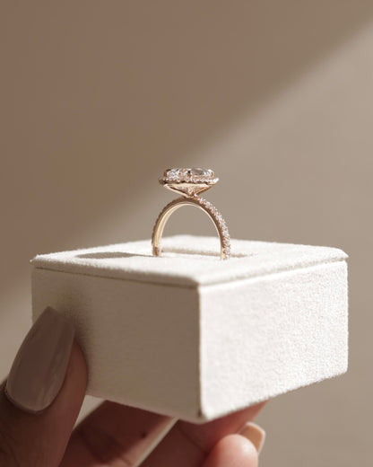 Lauren - Pear Claw Solitaire with Halo and Pave Band Engagement Ring - Yellow Gold