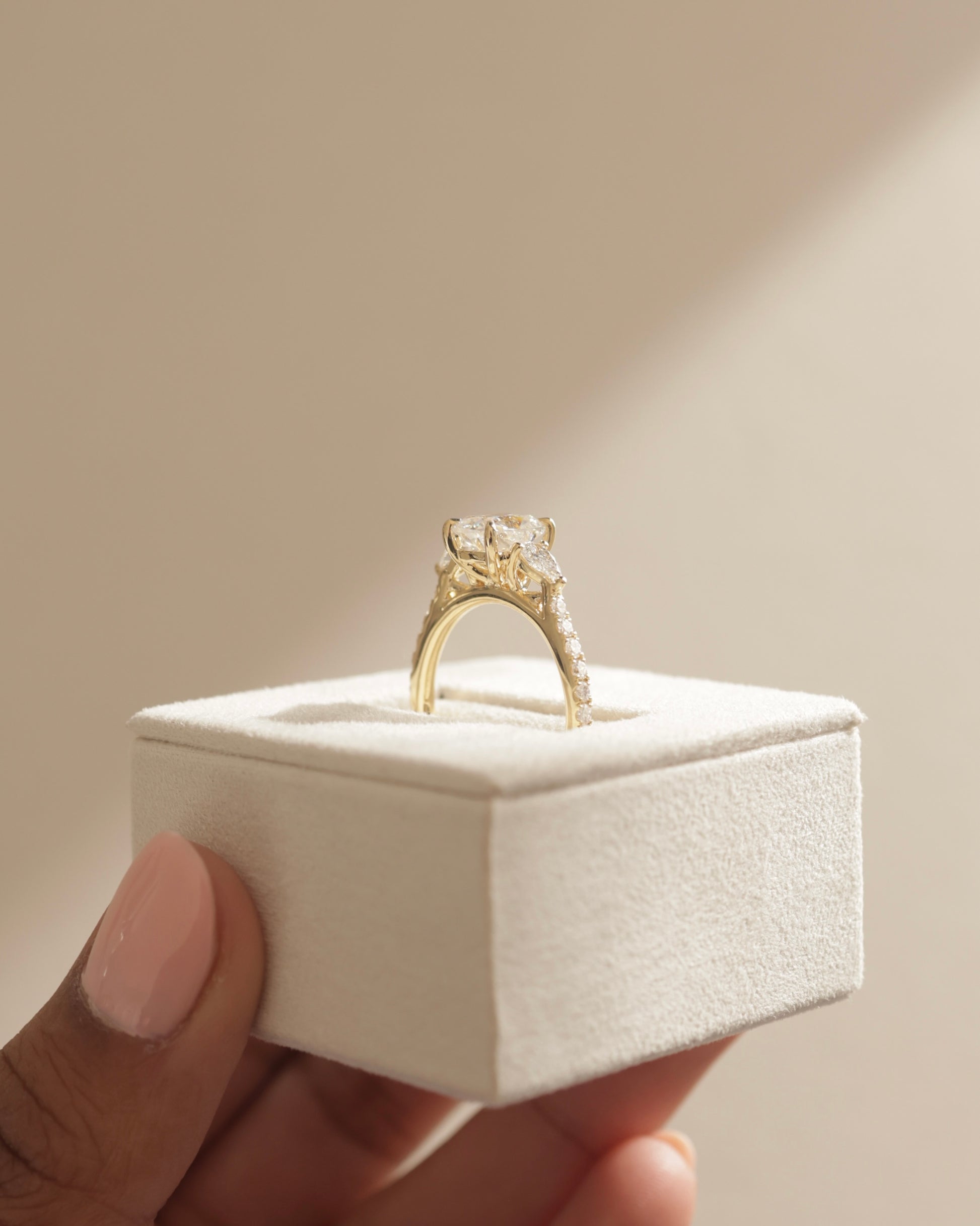 Bree - Elongated Cushion Claw Trilogy with Pear Side Stones and Pave Band Engagement Ring - Rose Two-Tone - Lifestyle