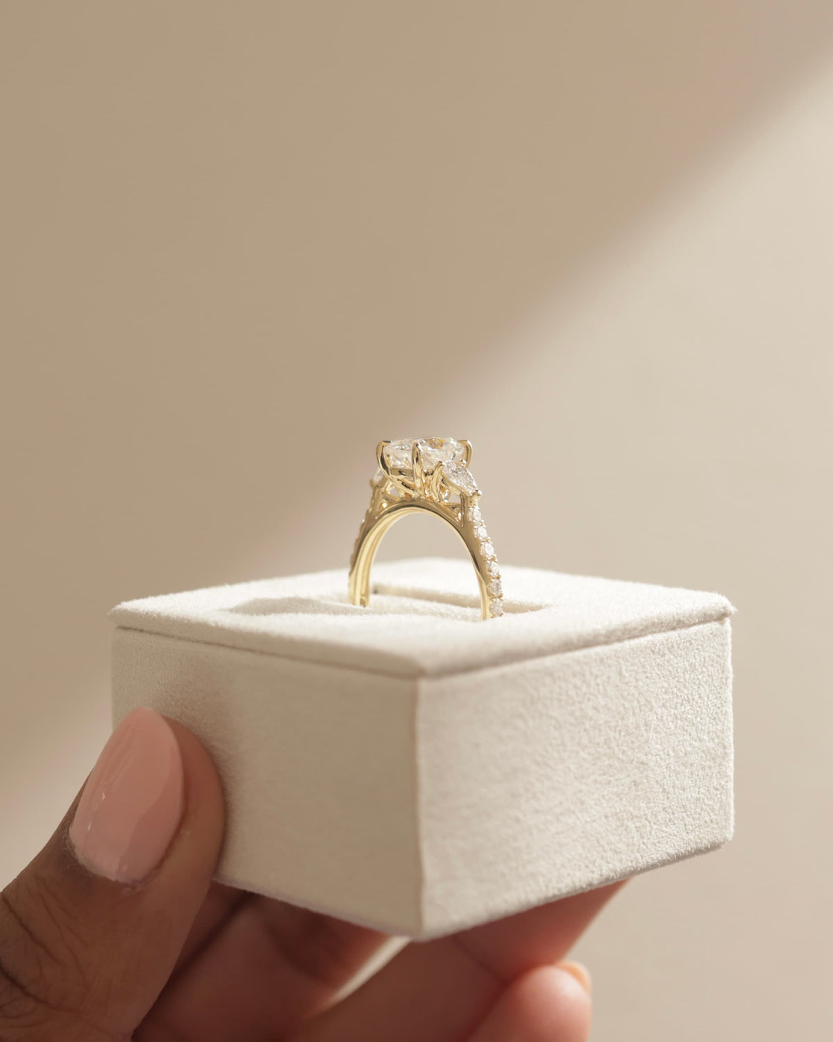 Bree - Elongated Cushion Claw Trilogy with Pear Side Stones and Pave Band Engagement Ring - Yellow Two-Tone