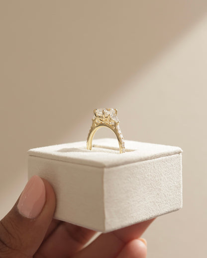 Bree - Elongated Cushion Claw Trilogy with Pear Side Stones and Pave Band Engagement Ring - Yellow Gold