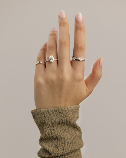 Paige - Oval Claw Solitaire with Hidden Halo and Pave Band Engagement Ring - White Gold