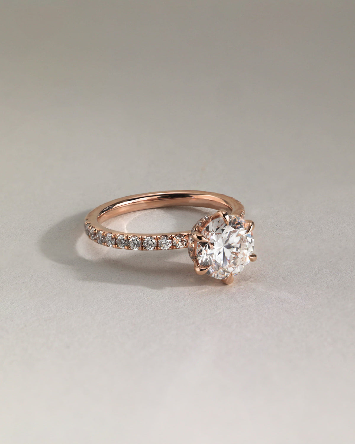 Amanda - Round Claw Solitaire with Wrap Around Hidden Halo and Pave Band Engagement Ring - Yellow Gold - yellow gold - Lara Jewels