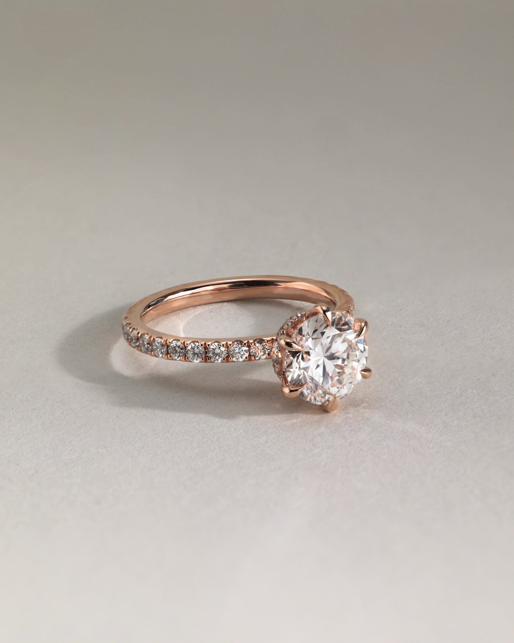 Amanda - Round Claw Solitaire with Wrap Around Hidden Halo and Pave Band Engagement Ring - Rose Gold - rose gold - Lara Jewels
