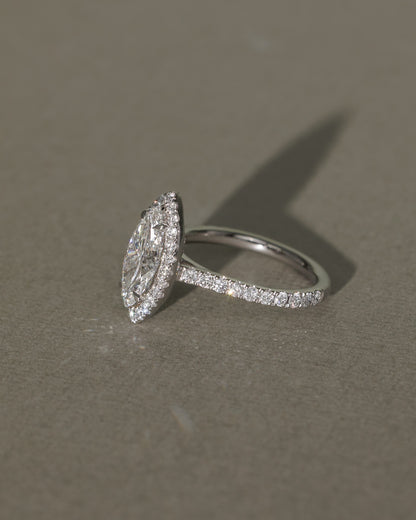 Stefania - Marquise Claw Solitaire with Halo and Pave Band and Cathedral High Setting Engagement Ring - Rose Gold