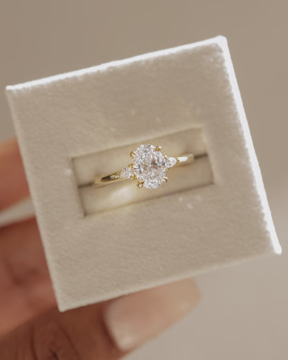 Elena - Oval Claw Trilogy with Pear Side Stones and Tulip Detail Engagement Ring - Yellow Gold