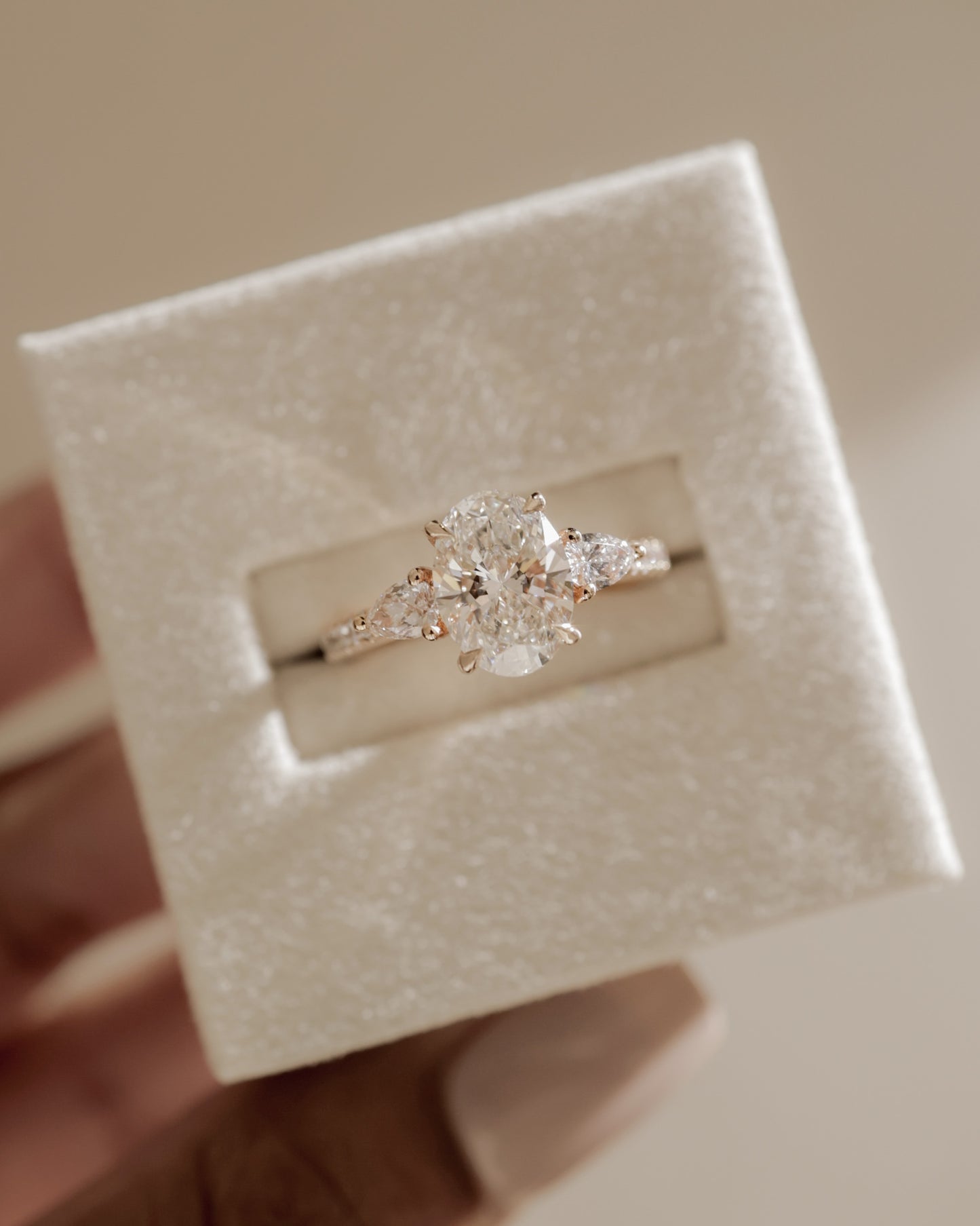 Arabella - Oval Claw Trilogy with Pear Side Stones and Pave Band Engagement Ring - Rose Two-Tone - Lifestyle
