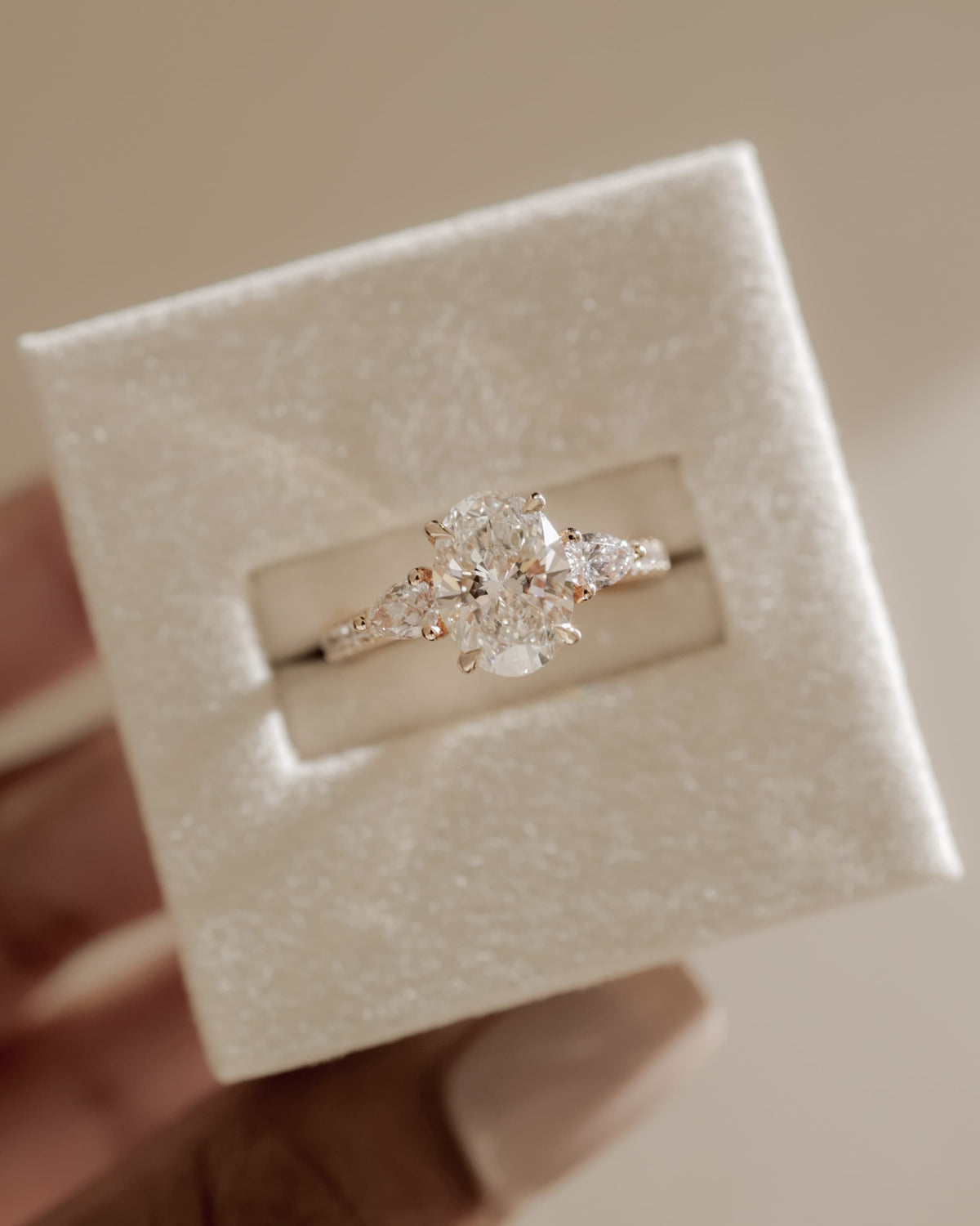Arabella - Oval Claw Trilogy with Pear Side Stones and Pave Band Engagement Ring - White Gold - white gold - Lara Jewels