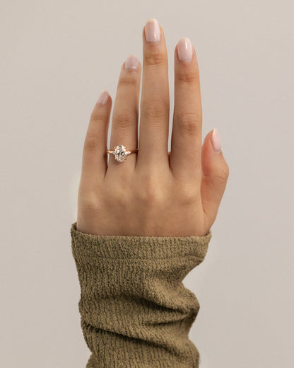 Elena - Oval Claw Trilogy with Pear Side Stones and Tulip Detail Engagement Ring - Yellow Gold