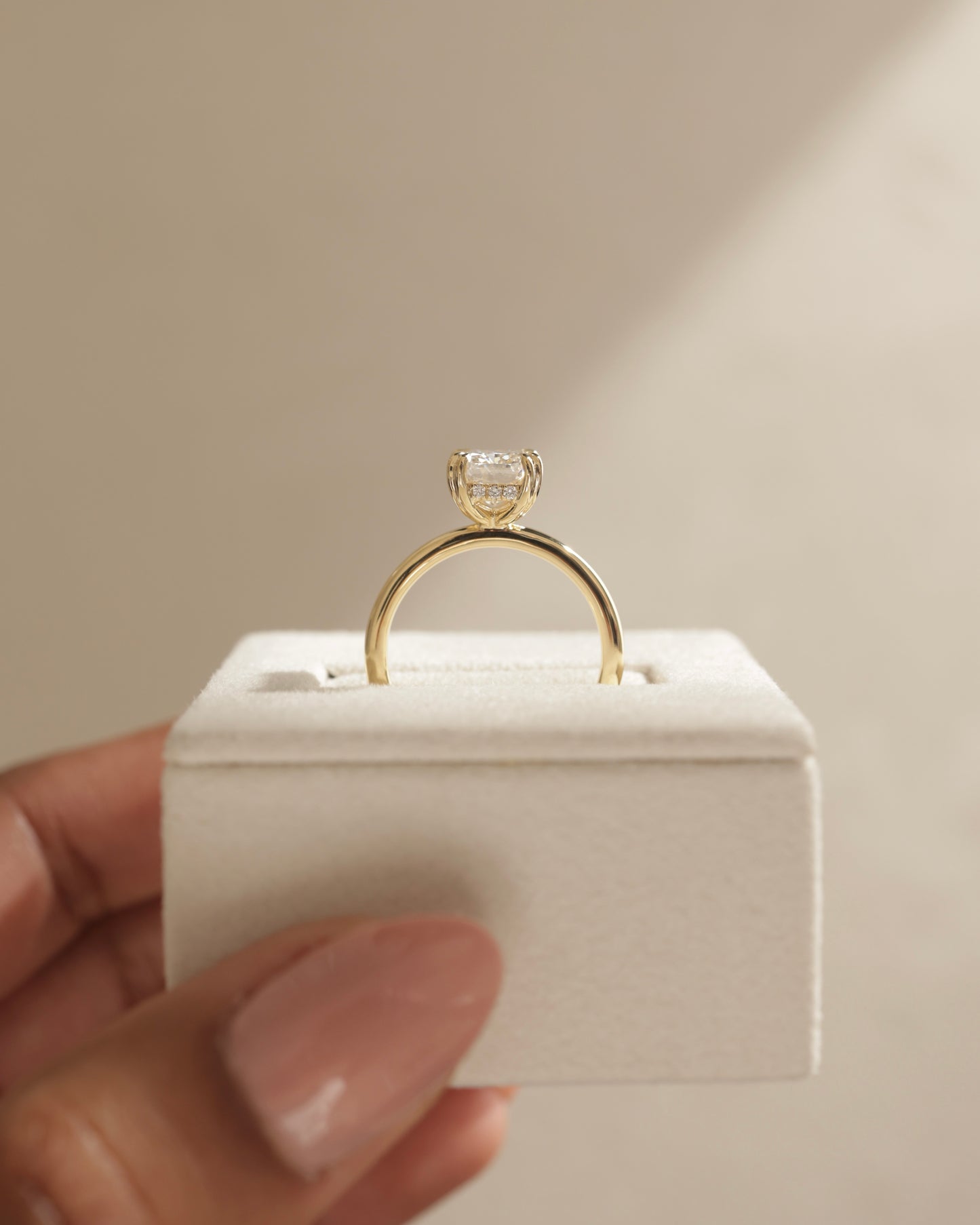 Aubrey - Elongated Cushion Double Claw Solitaire with Hidden Halo Engagement Ring - Rose Two-Tone - Lifestyle