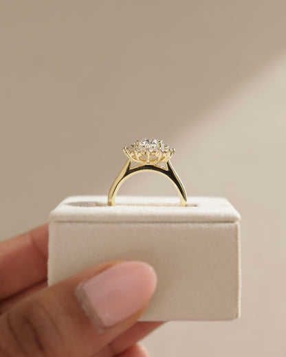Arielle - Oval Claw Solitaire with Sunburst Halo and Cathedral High Setting Engagement Ring - Yellow Gold