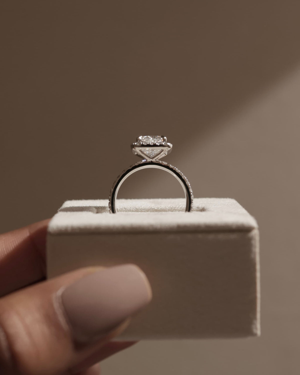 Catherine - Radiant Claw Solitaire with Halo and Pave Band Engagement Ring - Yellow Gold