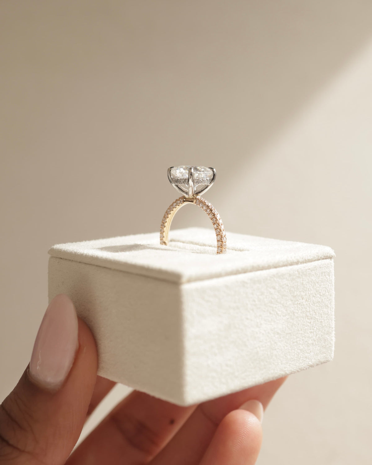 Alex - Round Claw Solitaire with Hidden Halo and Triple Pave Band Engagement Ring - Yellow Gold