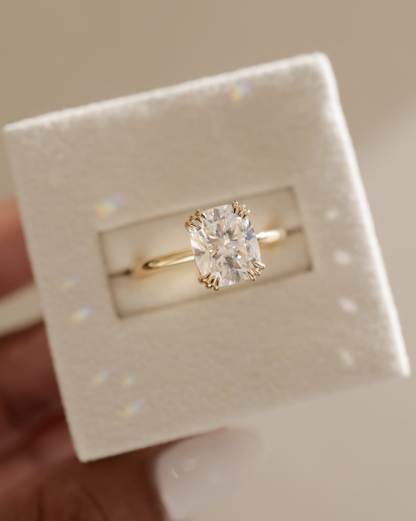 Helena - Elongated Cushion Triple Claw Solitaire Engagement Ring - Yellow Gold