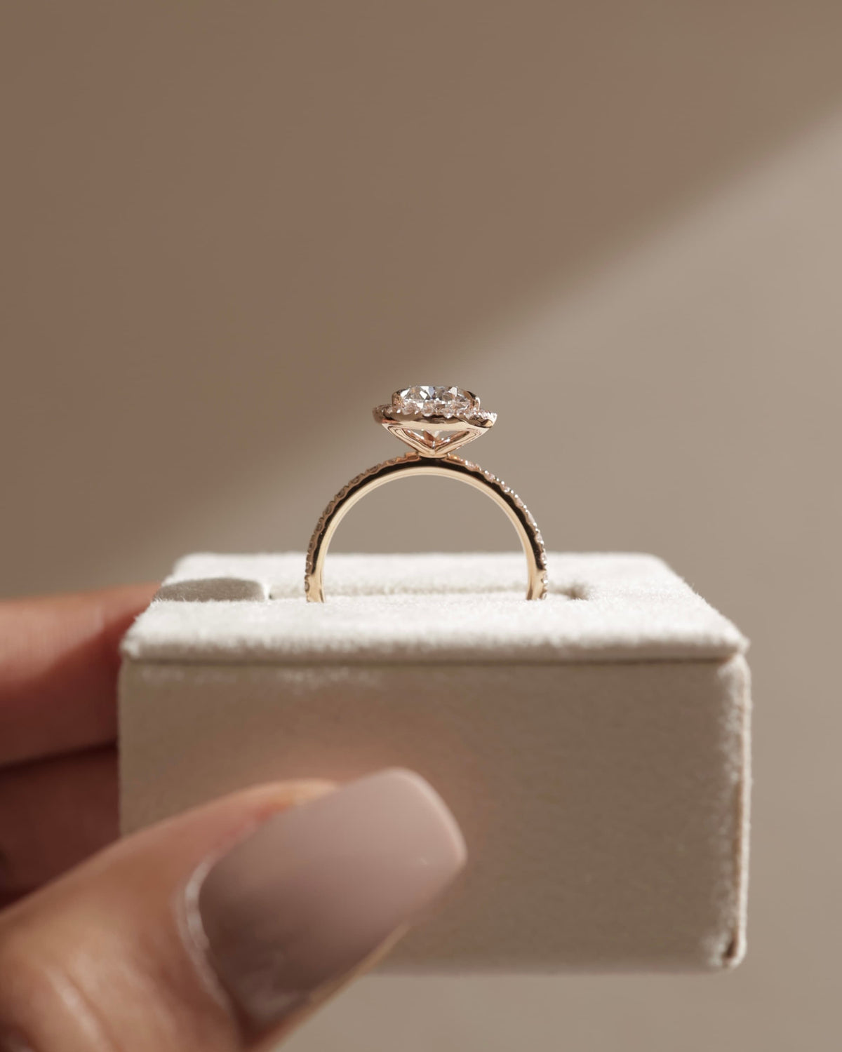 Lauren - Pear Claw Solitaire with Halo and Pave Band Engagement Ring - Yellow Two-Tone