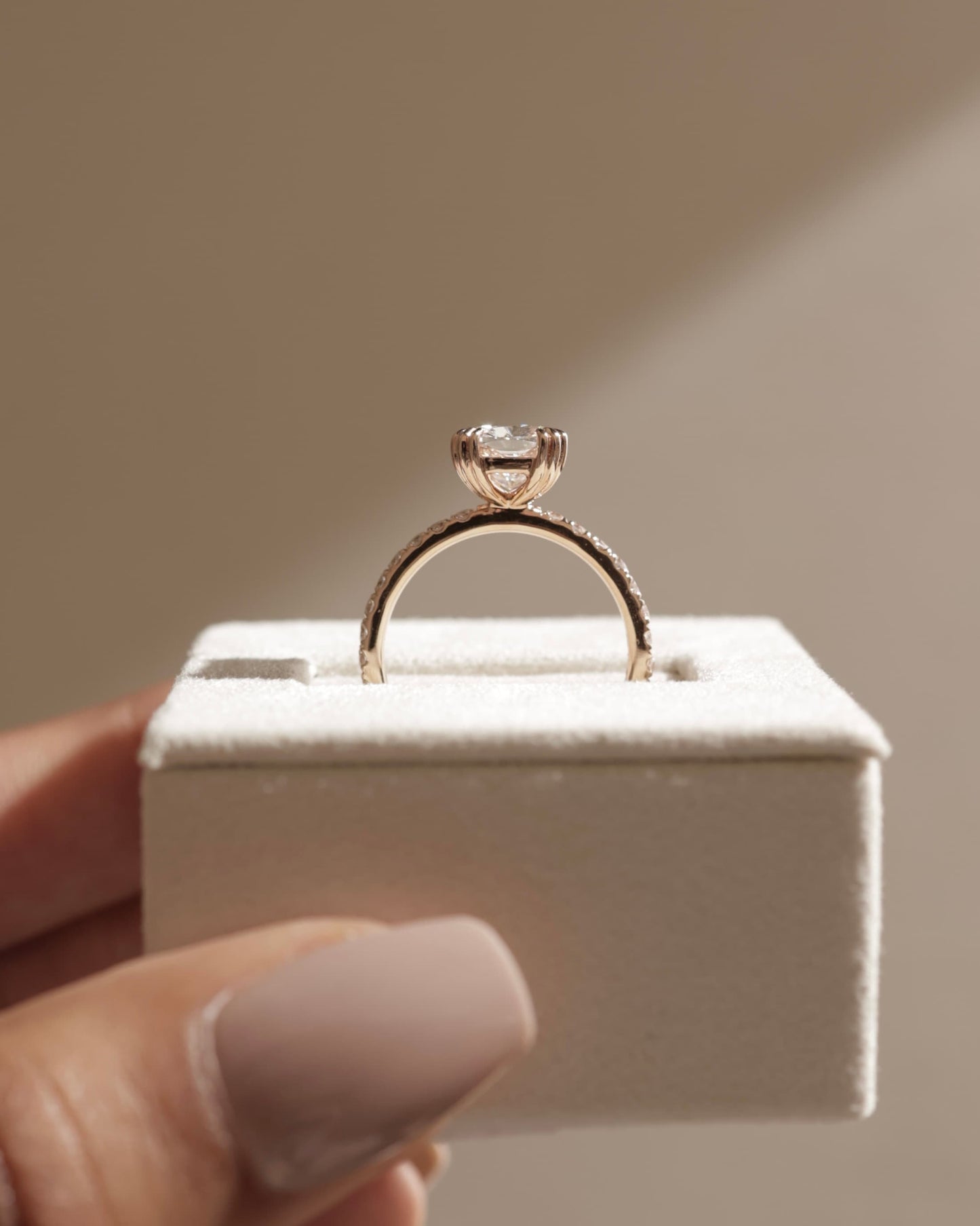 Mandy - Elongated Cushion Triple Claw Solitaire with Pave Band Engagement Ring - Rose Gold