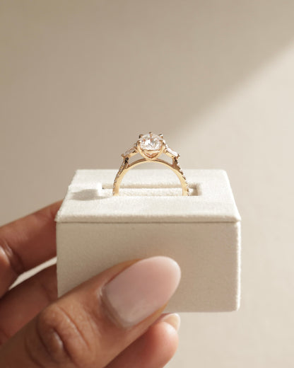 Mia - Pear Claw Trilogy with Pear Side Stones, Pave Band and Cathedral High Setting Engagement Ring - Rose Gold
