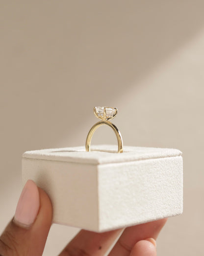 Delta - Elongated Hexagon Claw Solitaire with Hidden Halo Engagement Ring - Yellow Gold