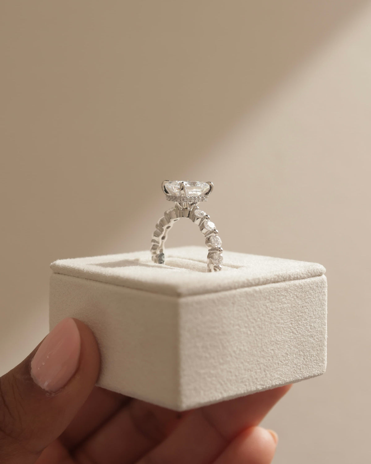Josephine - Radiant Claw Solitaire with Round Accent Stones and Wrap Around Hidden Halo Engagement Ring - Yellow Gold