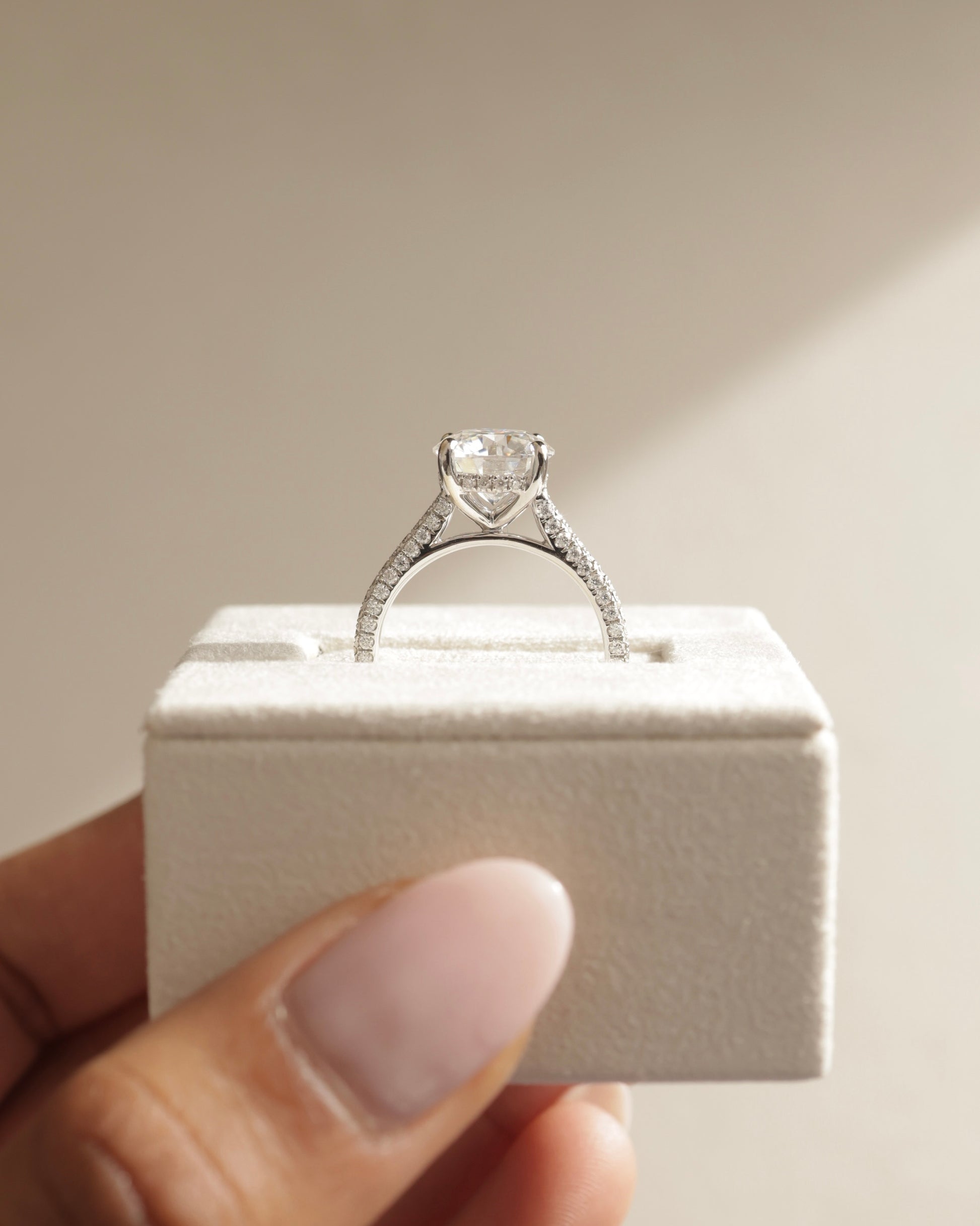 Chelsea - Round Claw Solitaire with Hidden Halo, Triple Pave Band and Cathedral High Setting Engagement Ring - Rose Two-Tone - Lifestyle