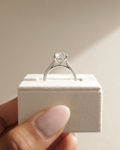 Chelsea - Round Claw Solitaire with Hidden Halo, Triple Pave Band and Cathedral High Setting Engagement Ring - Yellow Gold