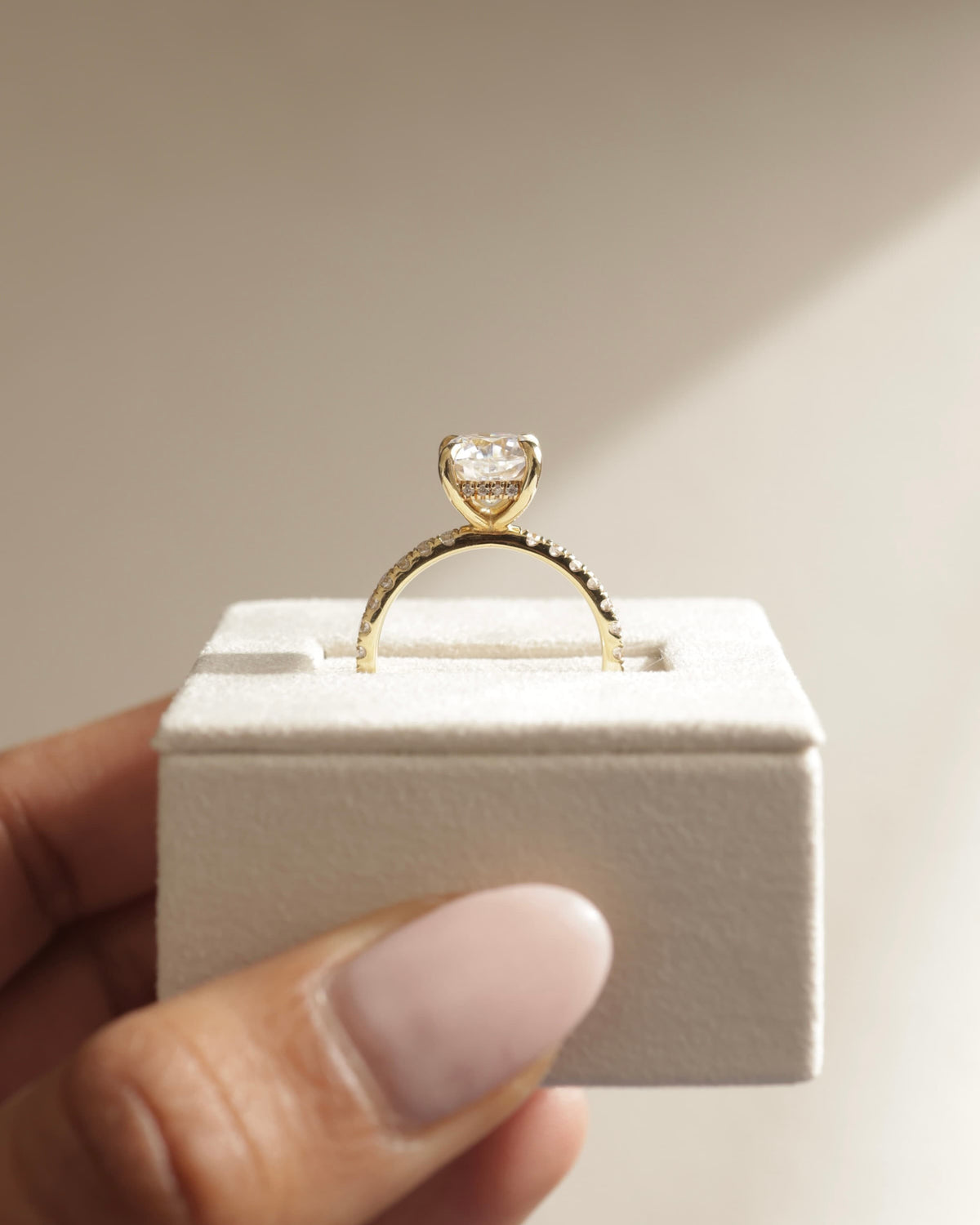 Claudia - Cushion Claw Solitaire with Hidden Halo and Pave Band Engagement Ring - Yellow Gold