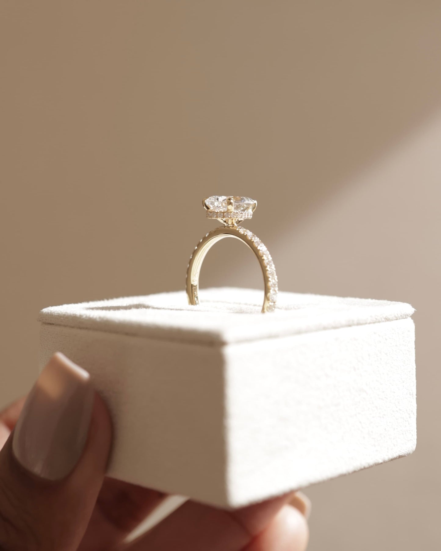 Keira - Pear Claw Solitaire with Wrap Around Hidden Halo and Pave Band Engagement Ring - Yellow Gold