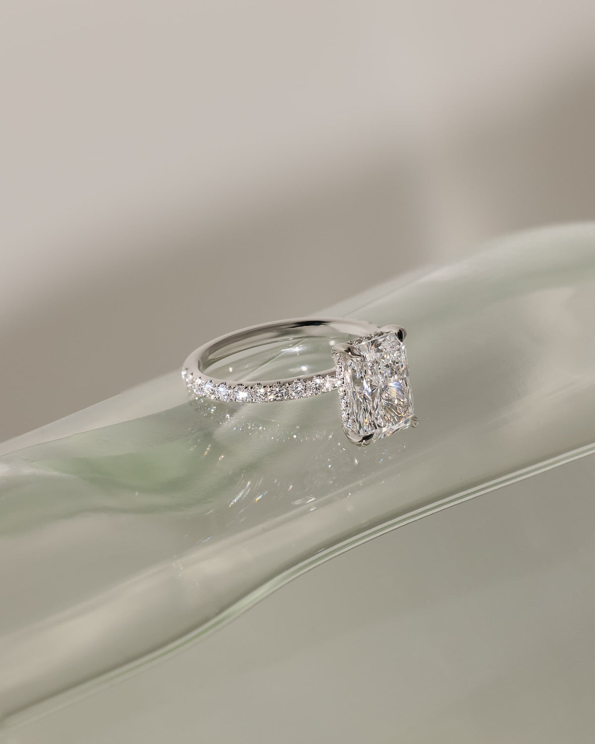 Thea - Radiant Claw Solitaire with Hidden Halo and Pave Band Engagement Ring - Platinum