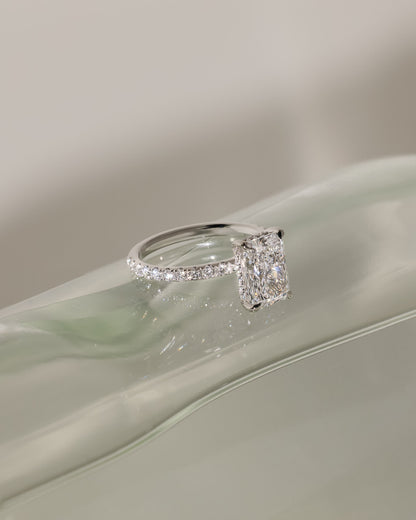 Thea - Radiant Claw Solitaire with Hidden Halo and Pave Band Engagement Ring - Platinum
