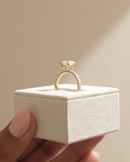 Camilla - Elongated Cushion Claw Solitaire with Hidden Halo and Pave Band Engagement Ring - Yellow Gold