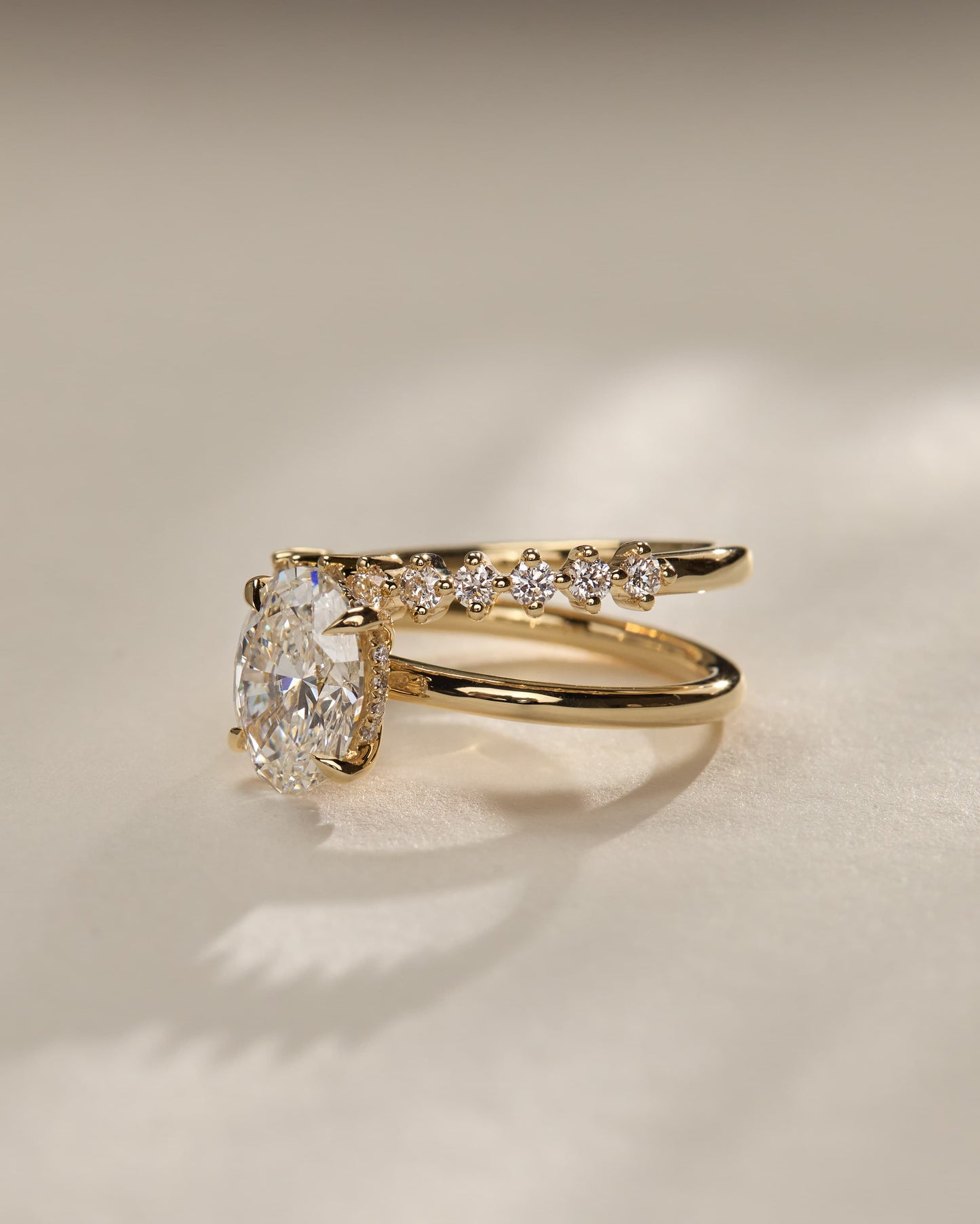 Athena - Oval Claw Solitaire with Double Plain-and-Round-Accent Stones Band Engagement Ring - Rose Two-Tone