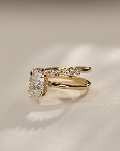 Athena - Oval Claw Solitaire with Double Plain-and-Round-Accent Stones Band Engagement Ring - Rose Two-Tone