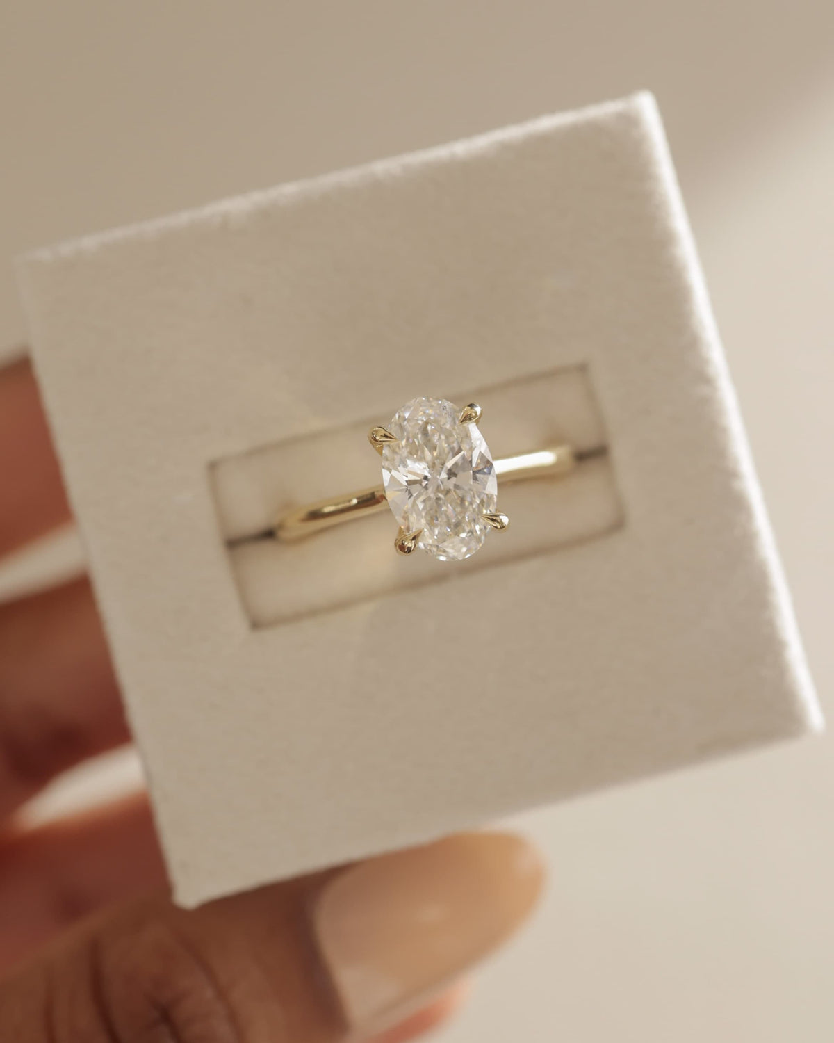 Bethany - Oval Claw Solitaire with Hidden Halo, Tapered Band and Cathedral High Setting Engagement Ring - White Gold