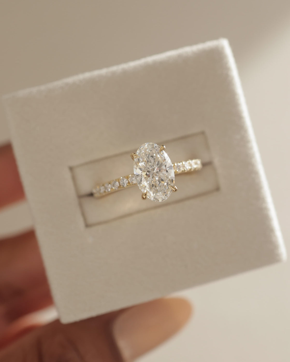 Paige - Oval Claw Solitaire with Hidden Halo and Pave Band Engagement Ring - Yellow Gold
