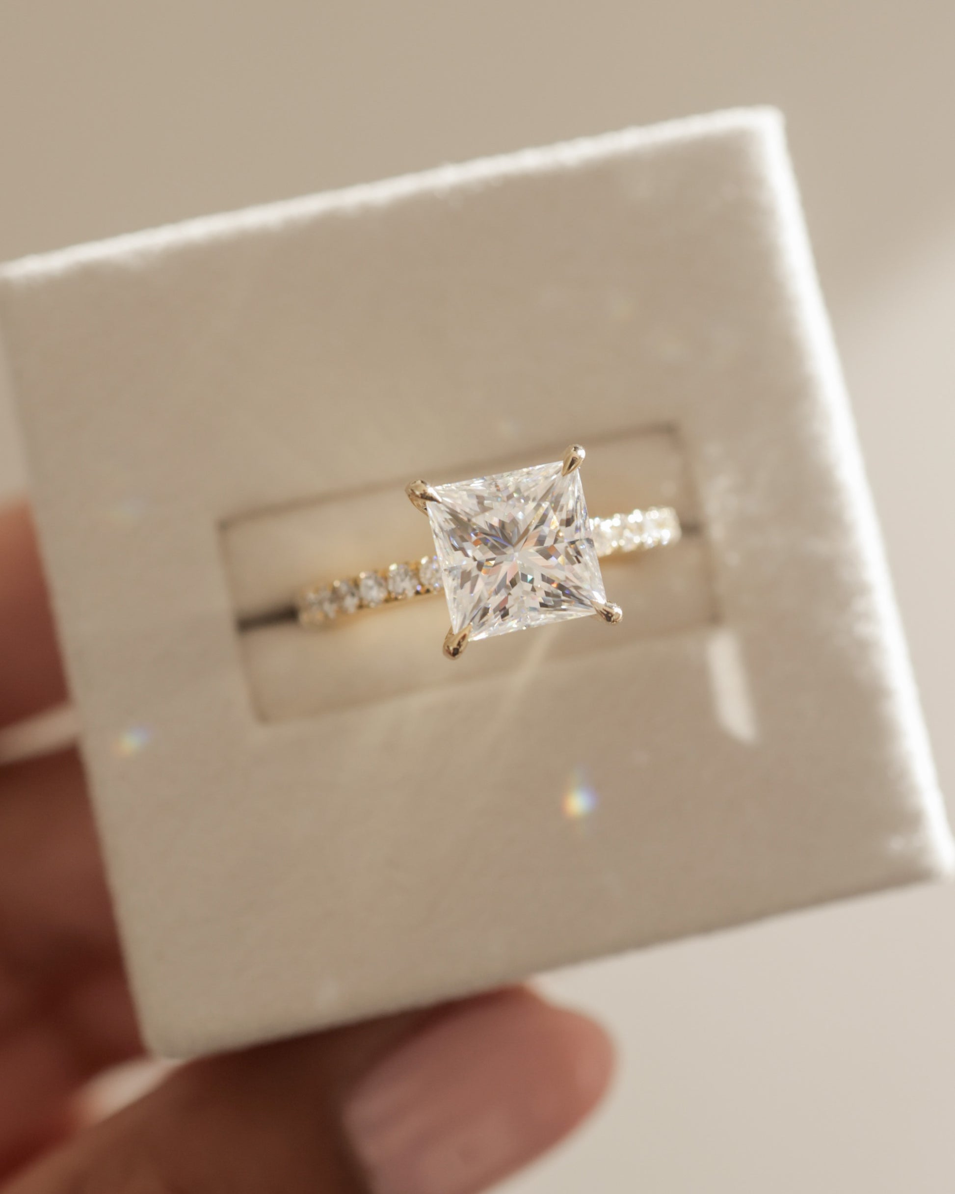Annie - Princess Claw Solitaire with Hidden Halo and Pave Band Engagement Ring - Rose Two-Tone - Lifestyle