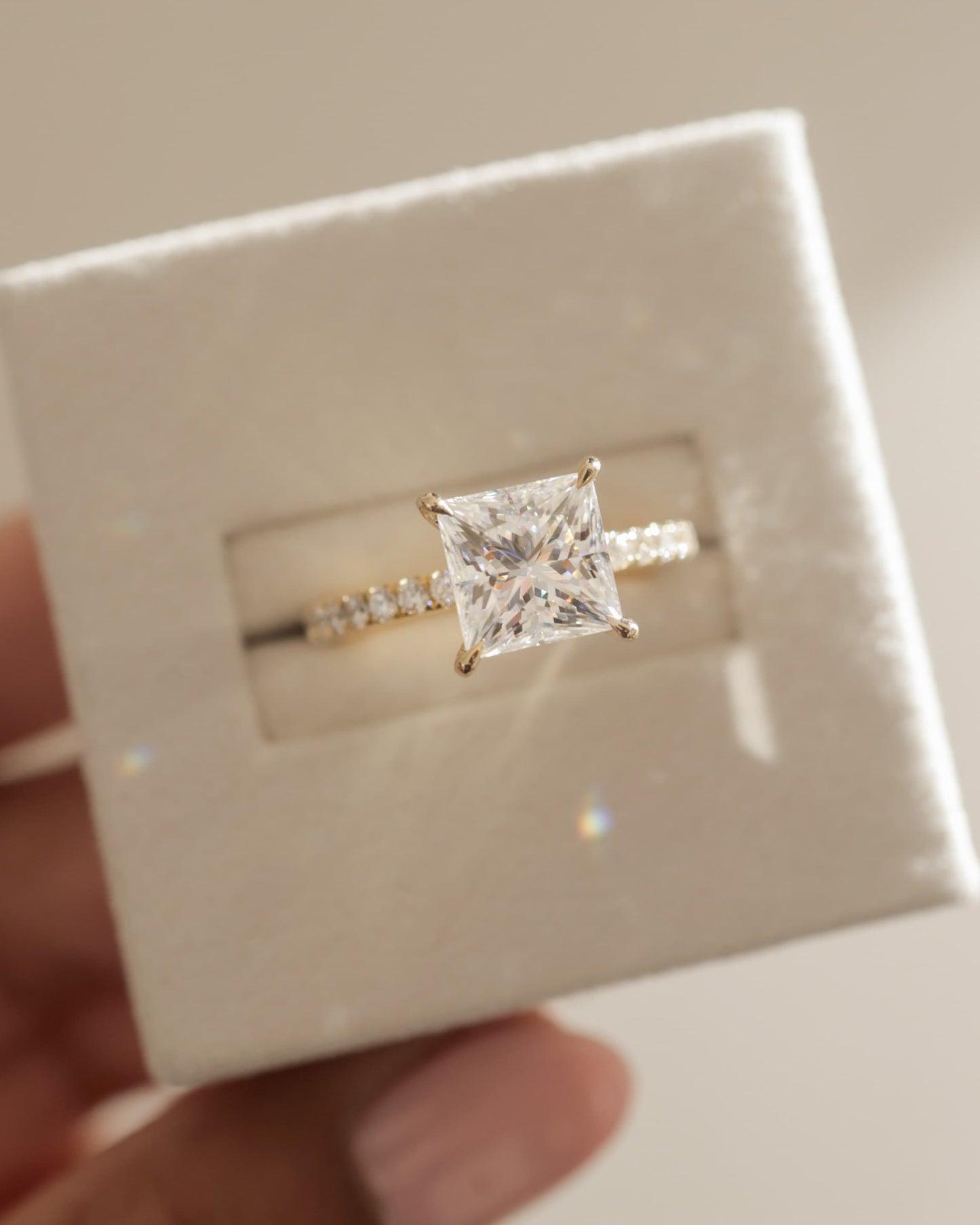 Annie - Princess Claw Solitaire with Hidden Halo and Pave Band Engagement Ring - Yellow Two-Tone - yellow two-tone - Lara Jewels
