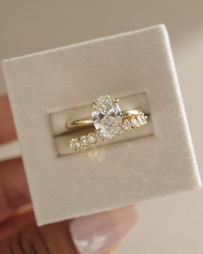 Athena - Oval Claw Solitaire with Double Plain-and-Round-Accent Stones Band Engagement Ring - Yellow Two-Tone