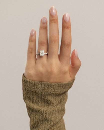 Thea - Radiant Claw Solitaire with Hidden Halo and Pave Band Engagement Ring - Yellow Gold